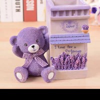 创意欧式紫色薰衣草小熊笔筒 情侣互赠礼品 时尚书桌摆件学生礼物