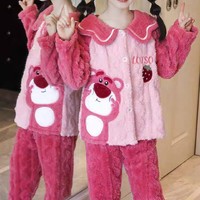儿童珊瑚绒睡衣冬季女童草莓熊法兰绒加厚款套装中大童女孩家居服