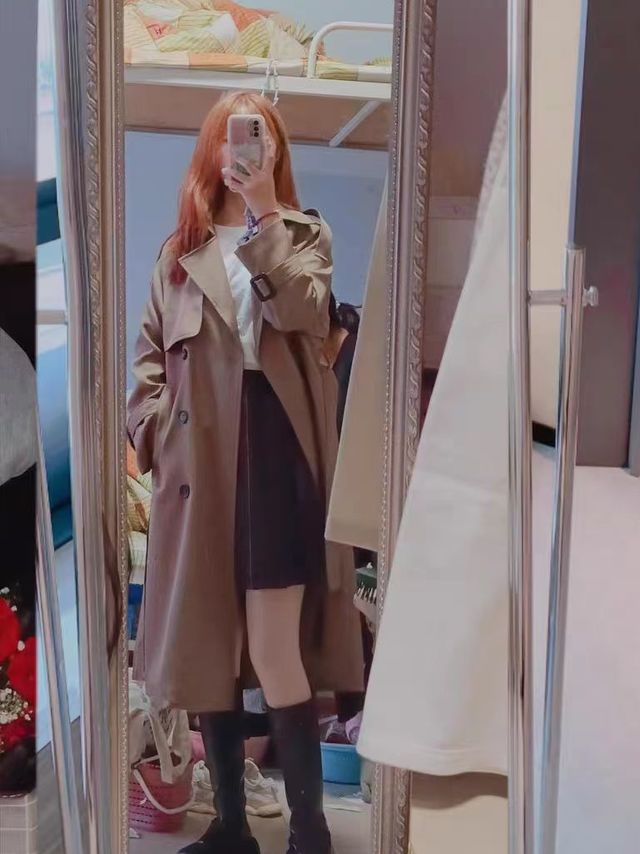 港风流行双排扣长款风衣外套女