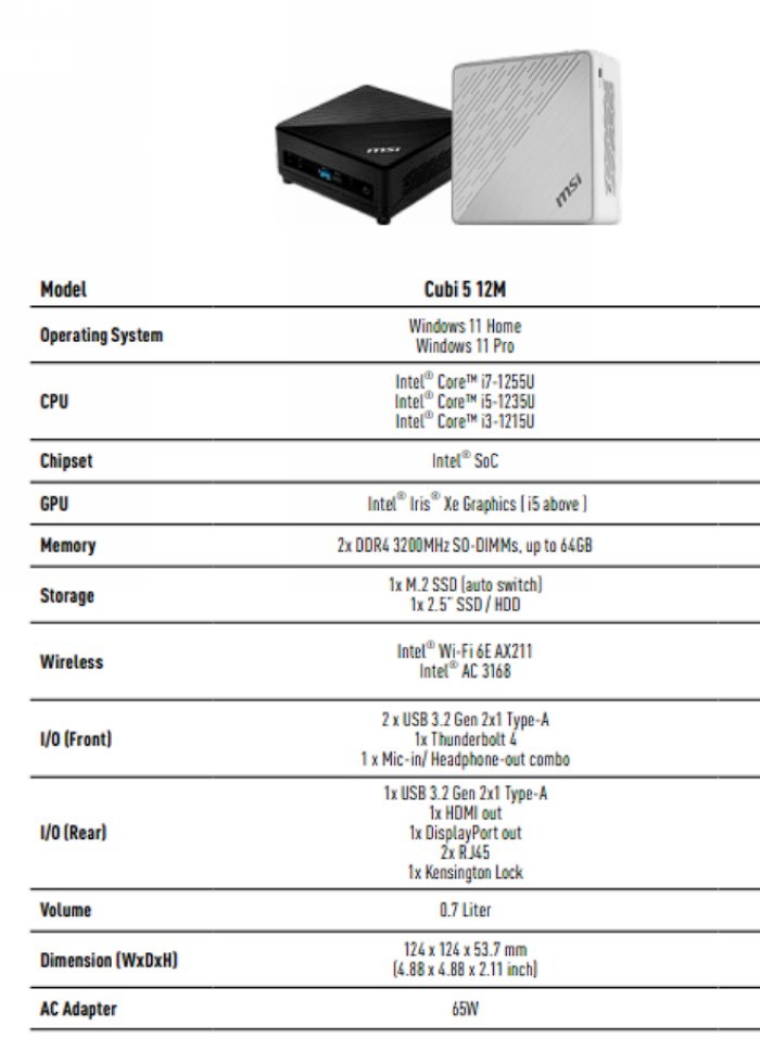 微星发布 Cubi 5 12M 迷你主机，0.7升、第12代酷睿U系列、双LAN