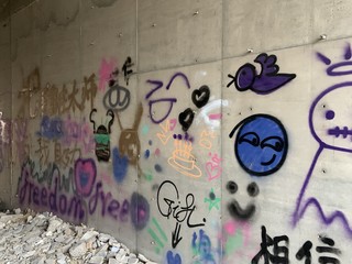 在学校的桥洞下diy了涂鸦墙真的好棒。