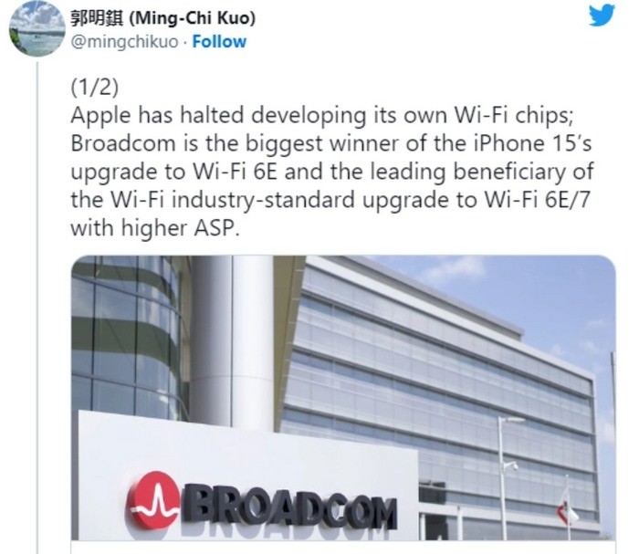 网传丨苹果已暂停 WIFI 蓝牙芯片开发工作，iPhone 15 系列依旧用博通芯片