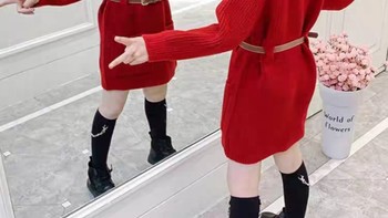 女童毛衣连衣裙春装2022新款儿童秋冬季中长款打底针织衫红色裙子