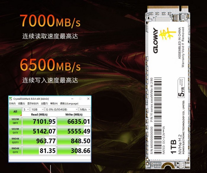 7GB/s读速：光威推出新款弈系列1TB PCIe 4.0  SSD ，TLC颗粒，5年保