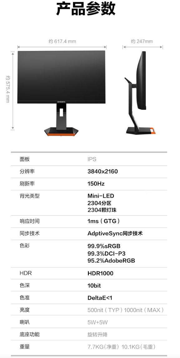 创维推出新款 G60 电竞屏：4K 150Hz、96W Type-C、Mini LED面板