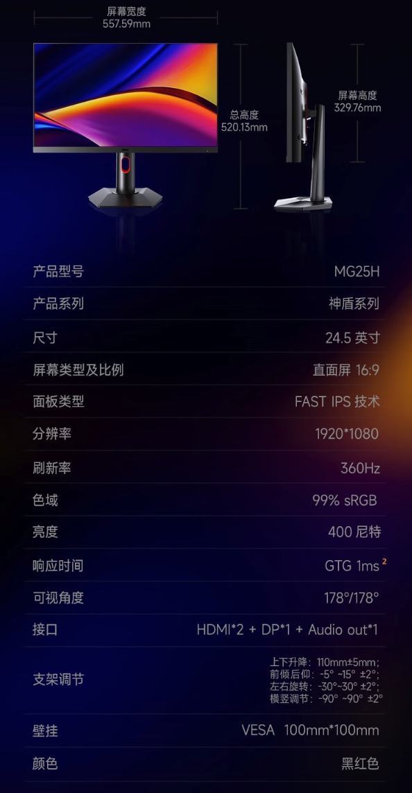 360Hz FAST IPS、HDR 400：HKC 推出新款神盾 MG25H 电竞屏