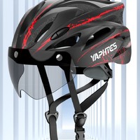 yaphtes骑行头盔自行车头盔国标认证磁吸风镜男女安全帽 黑红色