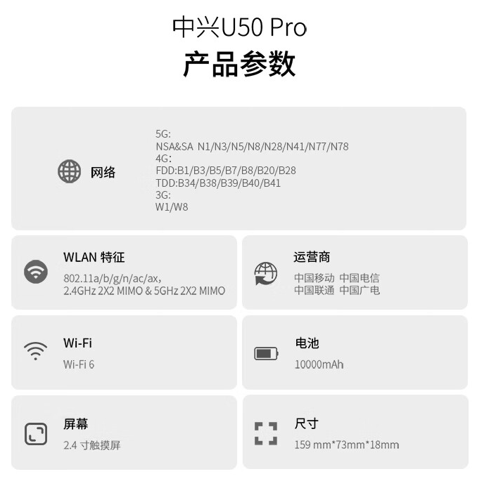 中兴推出 U50 Pro 5G 随身 WiFi：搭骁龙X62、10000mAh大电池、带触摸屏