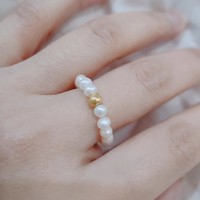 六桂福珠宝黄金转运珍珠戒指女淡水小米珠珍珠弹力食指戒手饰正品