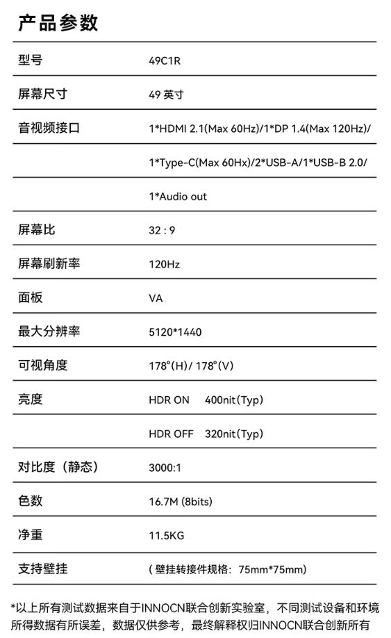 Type-C 65W、HDR 400：联合创新推出 49C1R 带鱼屏