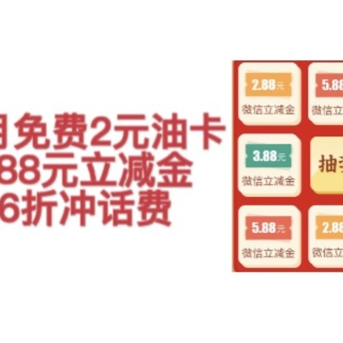 3个福利合集！工行每月免费拿2元油卡，农行5.88元立减金，移动86折冲话费！