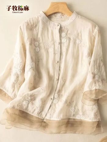 子牧棉麻夏装文艺复古刺绣衬衫