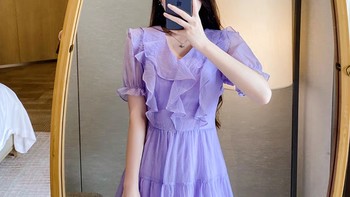 设计感小众紫色天丝连衣裙女夏季宽松收腰V领气质小个子公主裙子