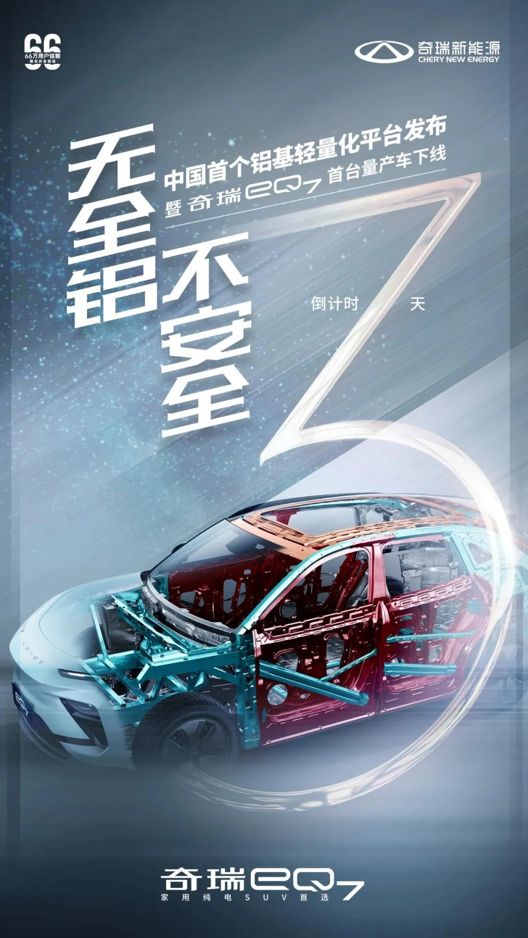纯电中型 SUV 奇瑞 eQ7 首台量产车7月12日下线，并发布中国首个铝基轻量化平台