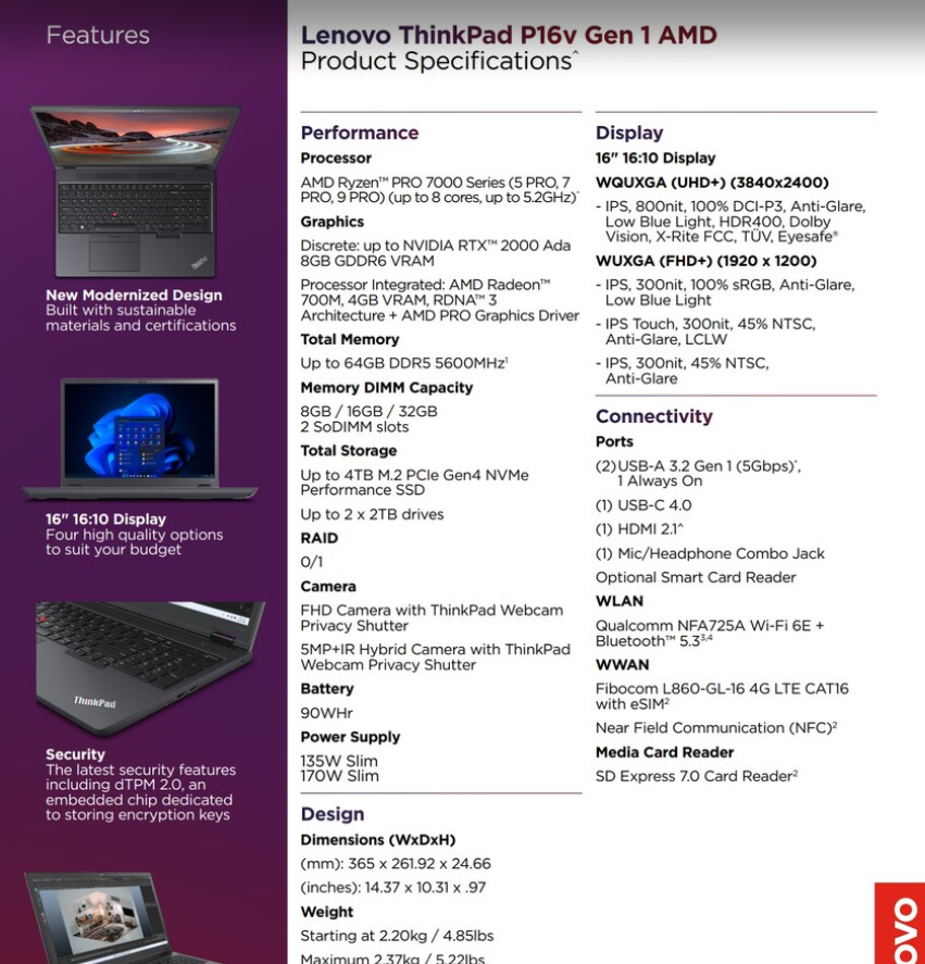 联想发布 ThinkPad P16v 锐龙工作站、可选锐龙9 Pro、RTX 2000专业卡、双路M.2 SSD