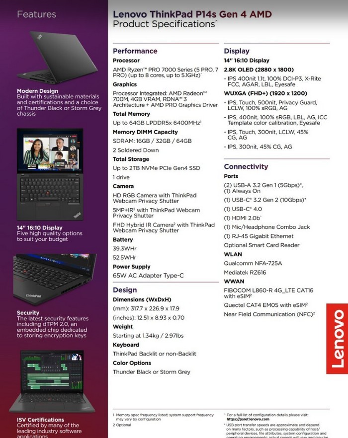联想发布新款 ThinkPad P14s Gen 4 锐龙版轻薄商用本、升级新锐龙7040系列、可选2.8K OLED屏