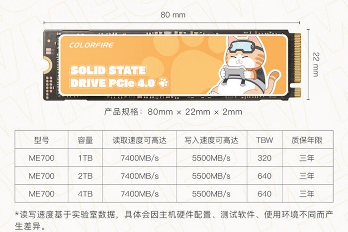 七彩虹推出 MEOW ME700“萌宠”SSD 固态硬盘，7.4GB/s读速、TLC颗粒