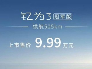 江淮钇为3冠军版上市，9.99万！