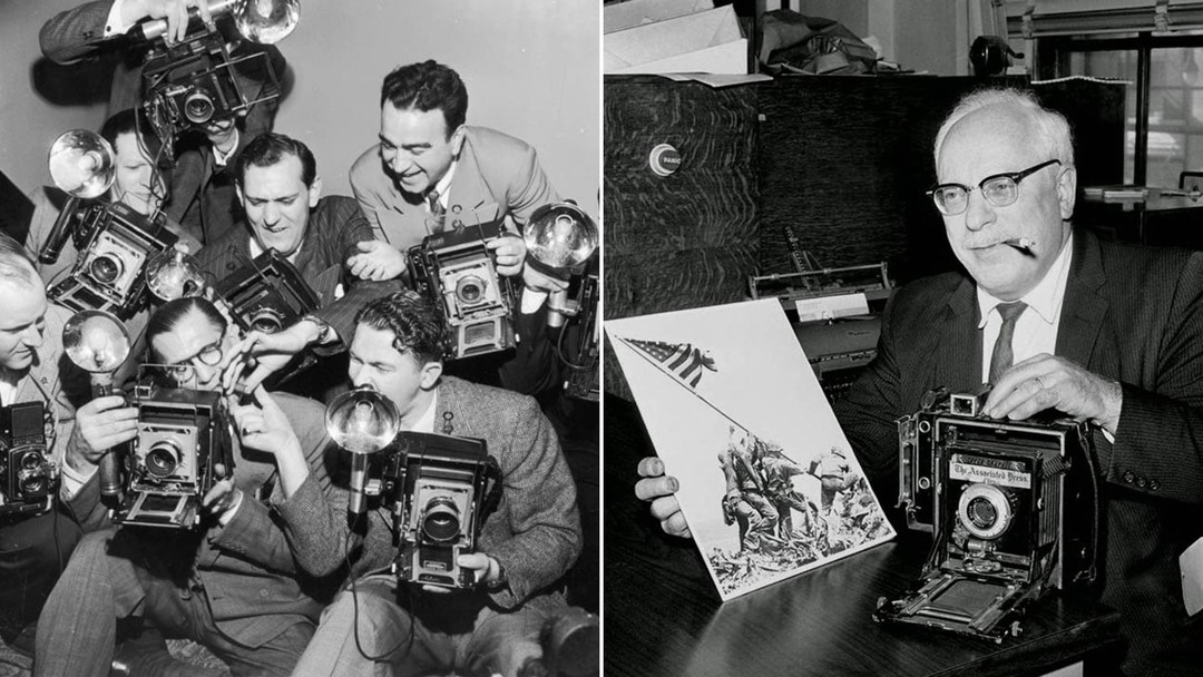 左：记者人均使用格拉菲相机；右：摄影师罗森塔尔和他使用格莱菲拍摄的硫磺岛战役