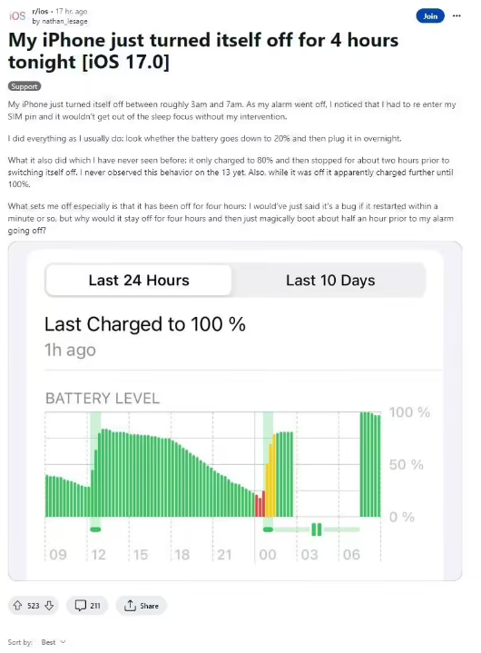 iPhone 夜间自动关机，睡醒就得输密码