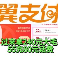 大毛来了！翼支付56购80元信用卡还款券！可买10次，240元大毛！还能55充80元话费！