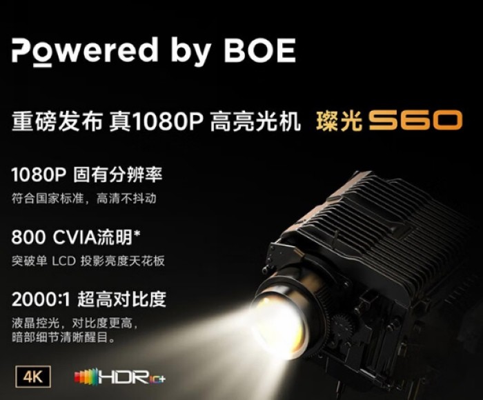 小明 V1投影仪发布，采用京东方“璨光 S60”光机、800流明、波士顿声学双喇叭、FAI全局画面校正、智能插帧