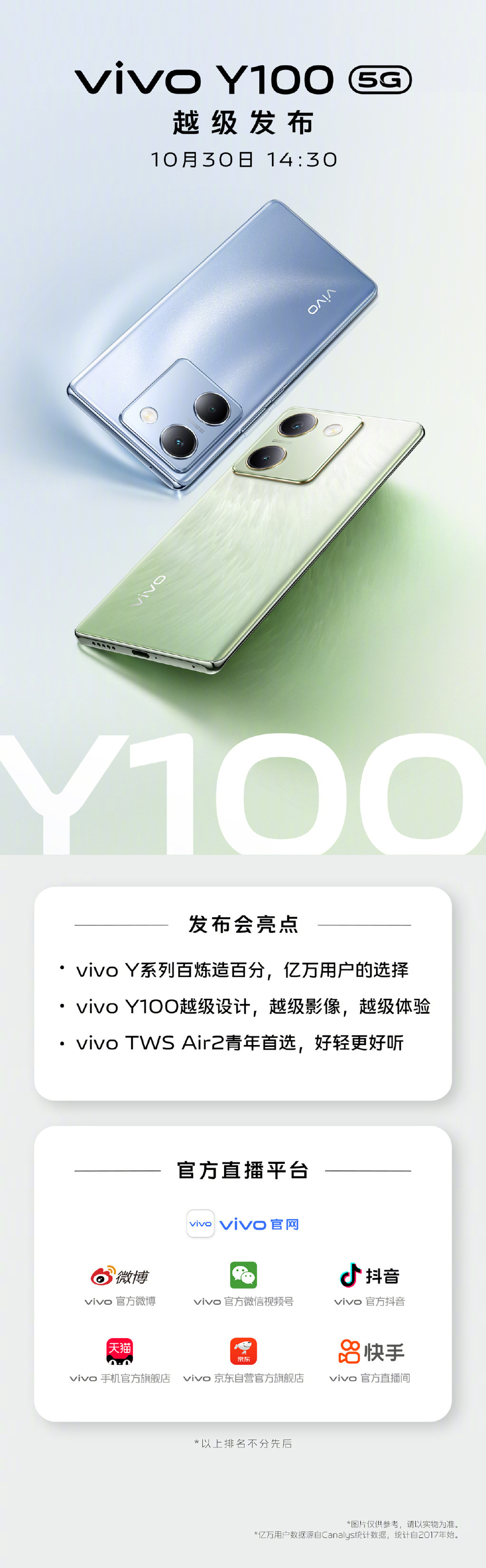 vivo Y100新品发布会，重新定档今日14:30，四年免费换电池