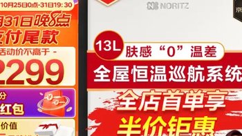 能率（NORITZ）燃气热水器13升 全屋恒温巡航 多点用水 GQ-13EA2FEX（JSQ25-EA2）天然气