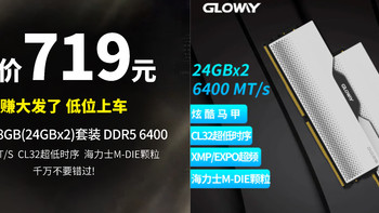赚大了！719元得DDR5 6400 48GB(24GBx2)套装 内存条 光威（Gloway）龙武系列 海力士M-die颗粒 CL32