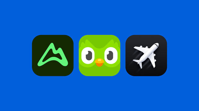 《AllTrails》《多邻国》和《Flighty》的 App 标志。