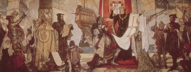1497年，葡萄牙航海远征队领队瓦斯科，达·伽马在出发印度前接受国王的祝福。