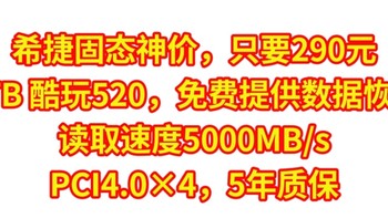 希捷固态神价，只要290元，1TB 酷玩520，免费提供数据恢复，读取速度5000MB/s，PCI4.0×4，5年质保
