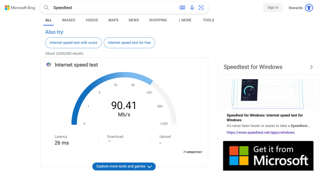 Bing 必应上线 Speedtest 网速测速小部件，一键快速测带宽