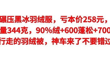 碾压黑冰，亏本价258元，充绒量344克+90％绒，600蓬松度+700清洁度，这就是行走的羽绒被呀，可以上车