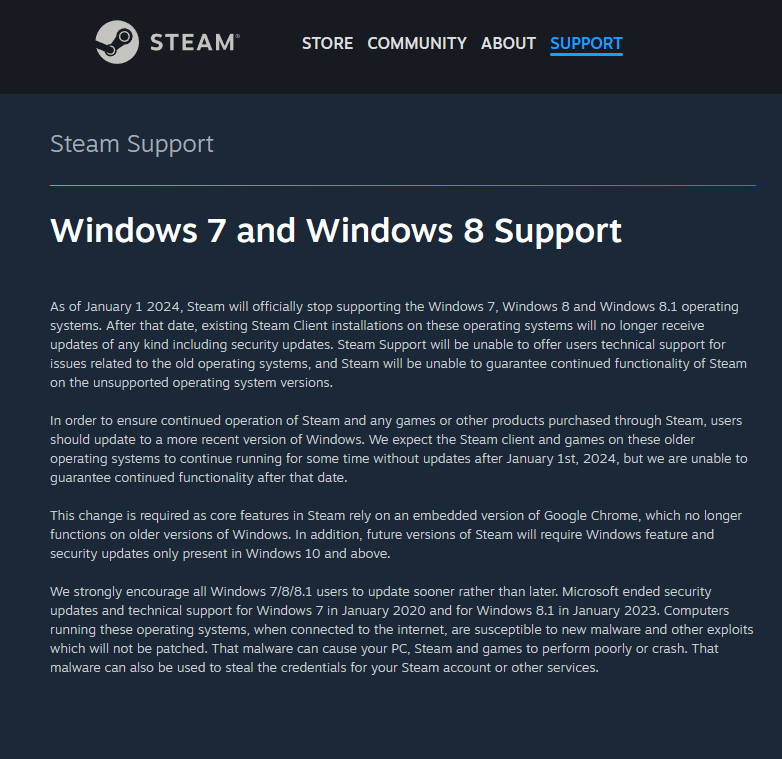 最后四天，Steam元旦将正式停止支持Win7/8系统