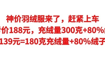 神价羽绒服，血亏价188元，充绒量300克+80％绒子，139元=180克充绒量+80％绒子，赶紧上车，手慢无