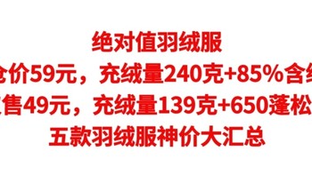 绝对值羽绒服，清仓价59元，充绒量240克，仅售49元，充绒量139克，五款羽绒服神价大汇总