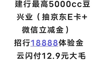 建行最高5000cc豆+兴业（抽京东E卡+微信立减金）+招行18888体验金+云闪付12.9元大毛