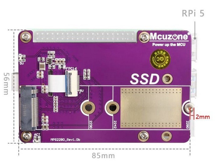 让树莓派5支持 M.2 SSD：Mcuzone 发布 MPS2280 HAT 扩展板