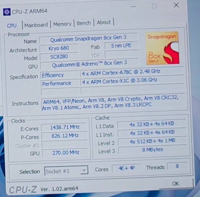 高通骁龙 8cx Gen 3 的 CPU-Z 性能出炉，能效比优秀，为对抗苹果 MacBook