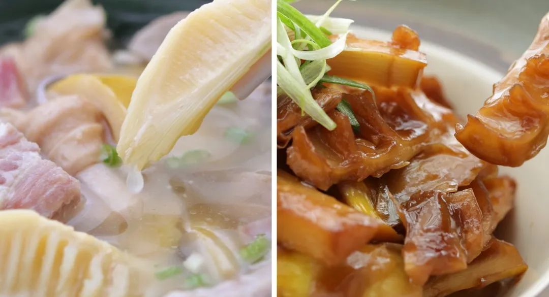左：腌笃鲜口味咸鲜，肉质酥肥，笋清香脆嫩 ©图虫创意；右：油焖笋可谓是上海人餐桌上的常客 ©图虫创意