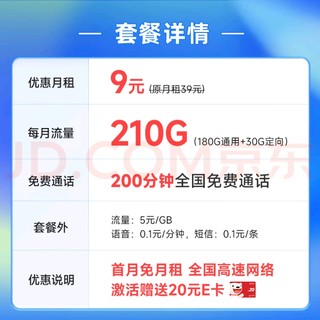 中国电信 电信大流量卡手机卡不限速鲸鱼上网卡5g号码卡纯流量 丰华卡9元210G+200分钟