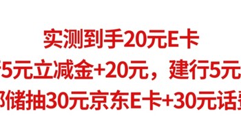 实测到手20元E卡，工行5元立减金+20元，建行5元话费，邮储抽30元京东E卡+30元话费。