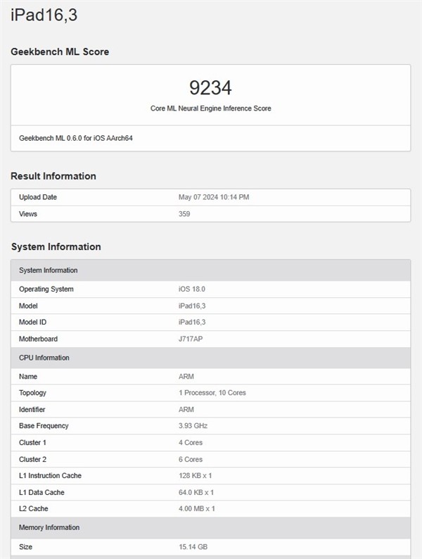 iPad Pro 2024 现身跑分：主频达 3.93GHz、10 核 M4 芯片