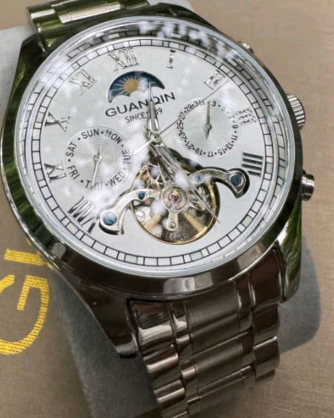 冠琴(guanqin)手表男机械表全自动镂空飞轮瑞士品质防水夜光皮带男士