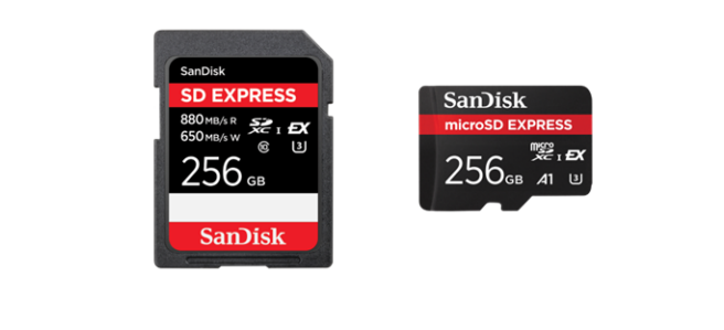 上图从左到右依次为闪迪™SD Express 存储卡及闪迪移动™microSD Express 存储卡