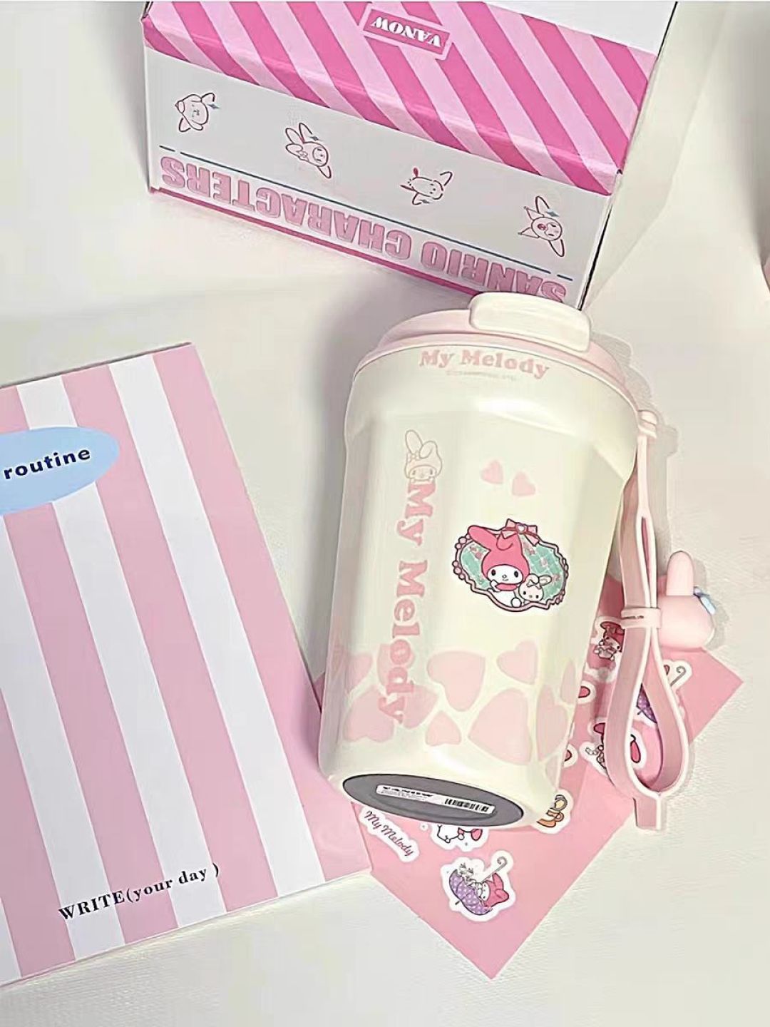 vanow三丽鸥美乐蒂保温杯女吸管咖啡杯男便携随行水杯子2024新款