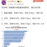 2024年Q2季度，中国市场智能手机激活数据：1、小蓝蓝，份额17.32%2、小米米，份额15.57%