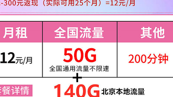 12元/月！50G全国流量+150G北京流量+200分钟+100条短信！【手机卡/流量卡】