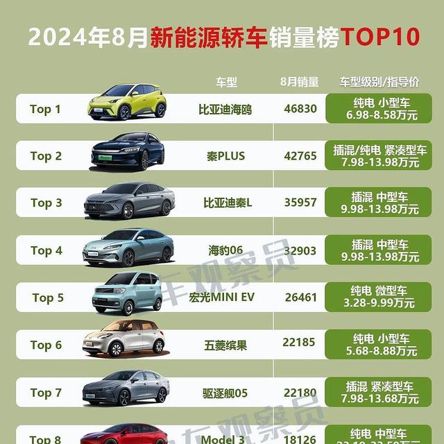 2024年8月新能源SUV+轿车销量排行榜